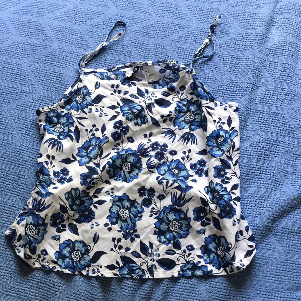 blue flowered white tank